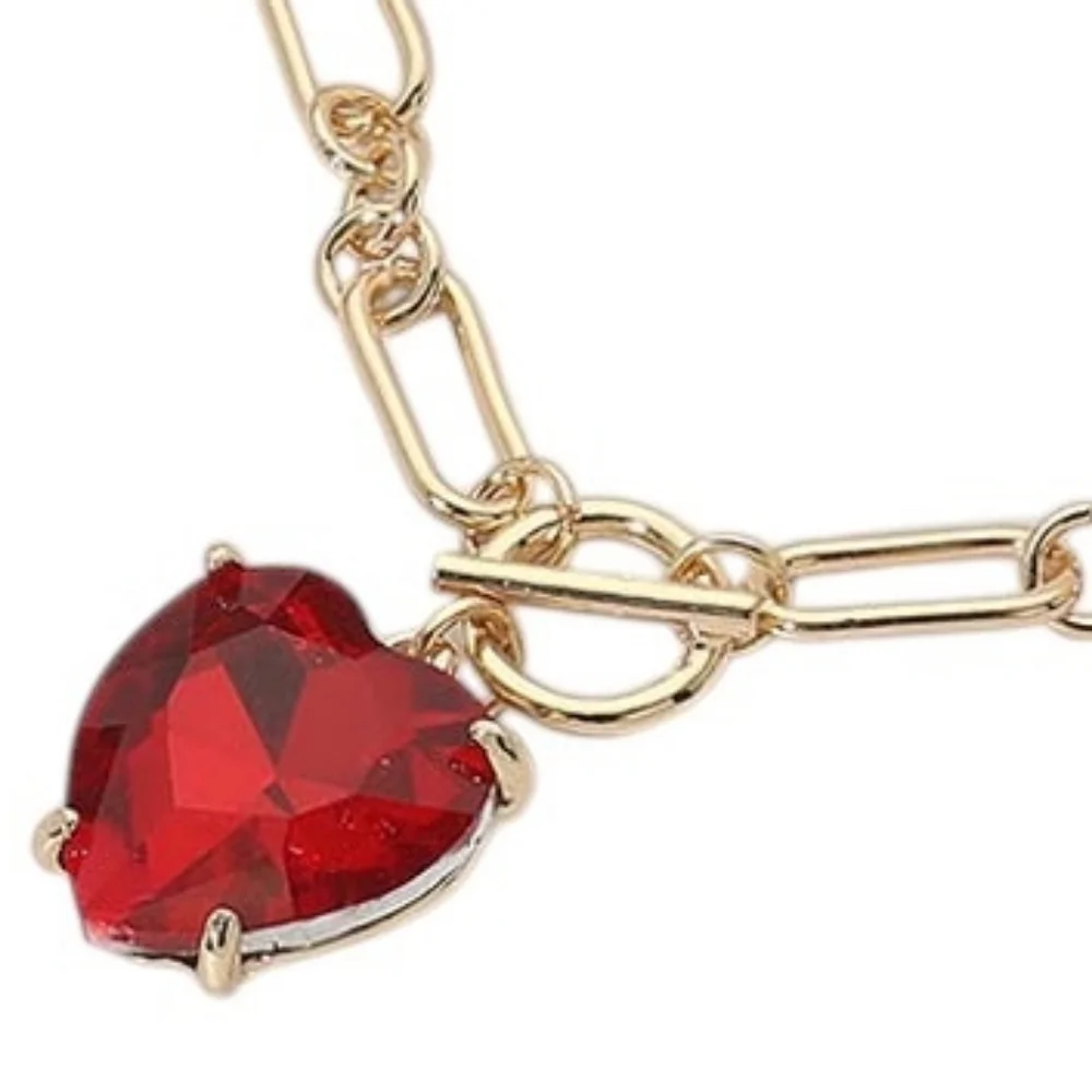 Red Heart Toggle Paperclip Link Crystal Pendant Necklace Gold Jewelry Chain
